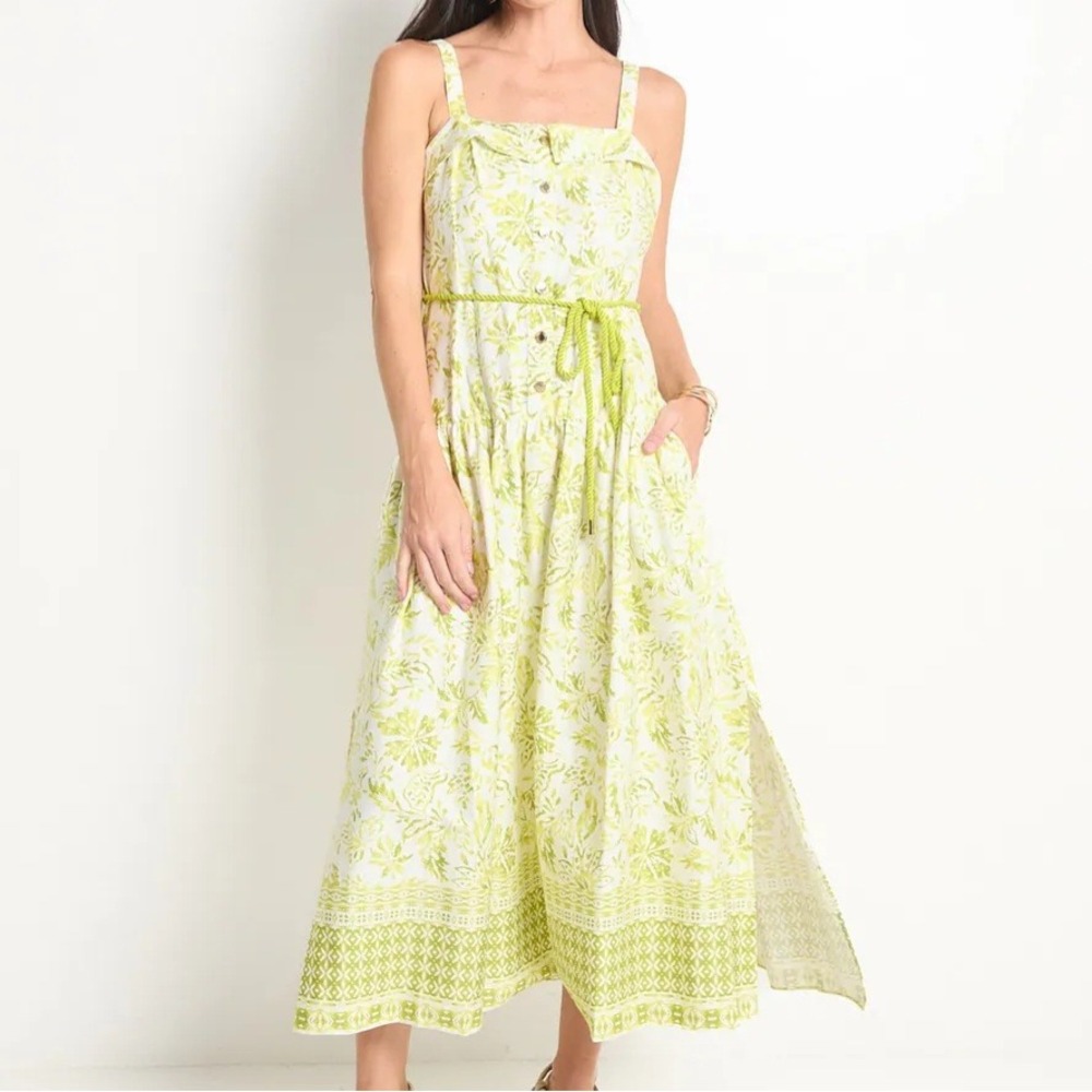 Karl Lagerfeld Square Neck Maxi Dress Rope Belt Floral Green‎ Womens 16 NWT